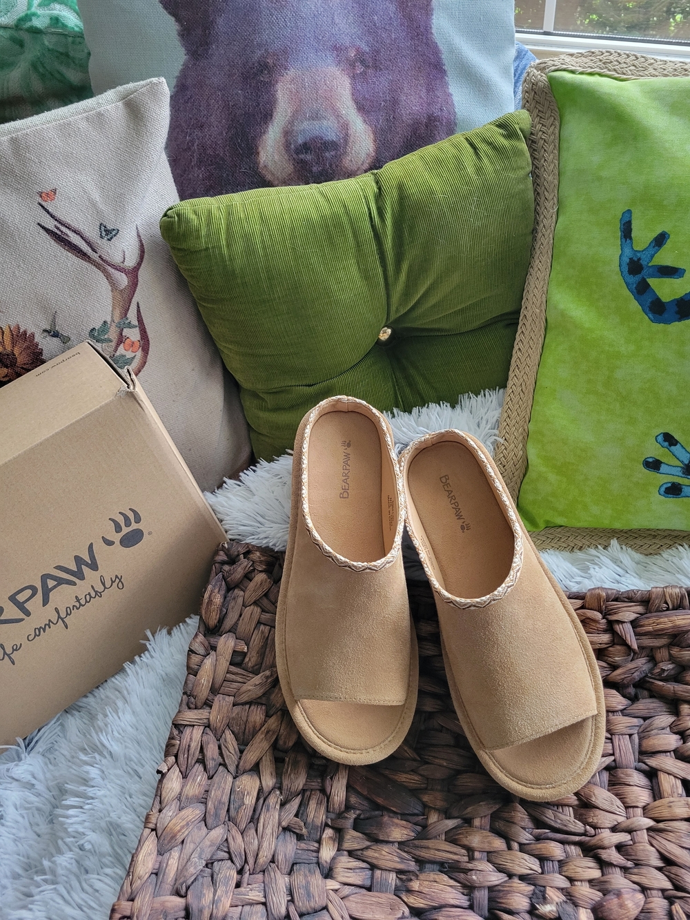 BearPaw Beige Open-Toe Suede Slide Mules with Braided Edge